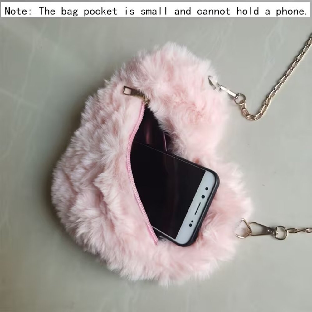 Heart-Shaped Faux Fur (Light Gray) Crossbody Shoulder Bag Purse (NEW & SO CUTE!) - Picture 8 of 9